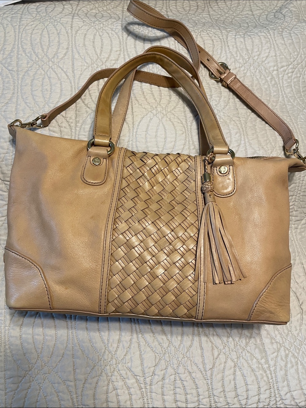 Cole Haan Woven-Panel Tan Leather Shoulder Bag